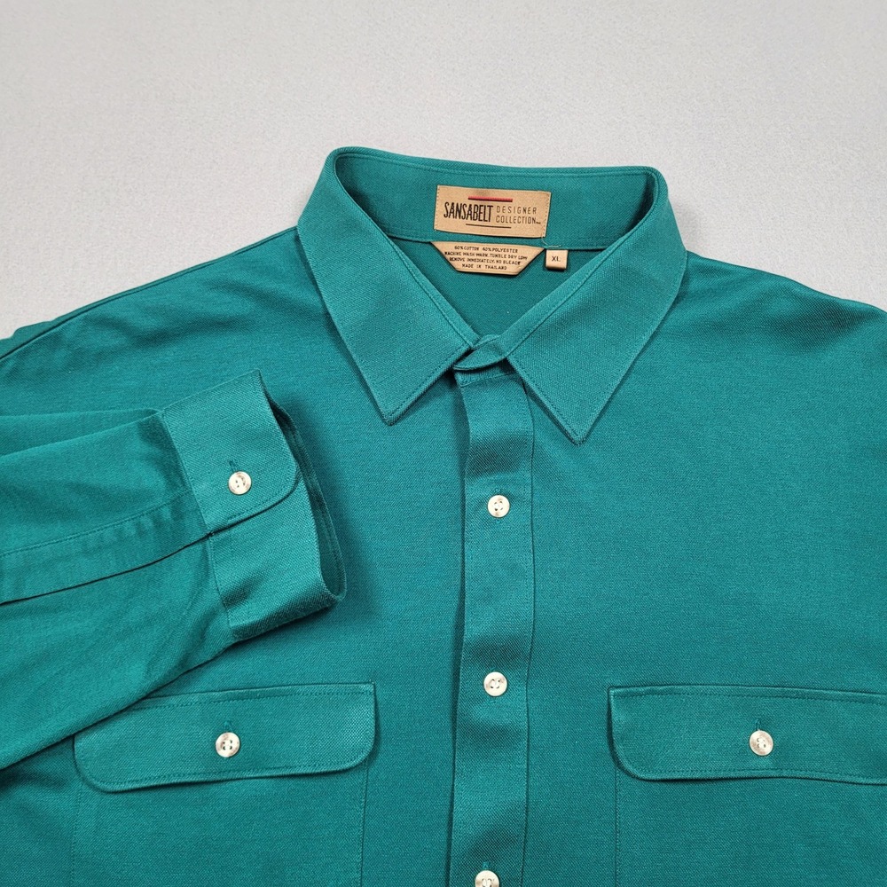 Sansabelt Designer Collection Mens XL Teal Green Pique Knit Button Down Shirt